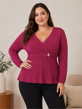 Lane Bryant Pink Wrap Blouse Plus Size 18/20W Long Sleeve Stretch Top